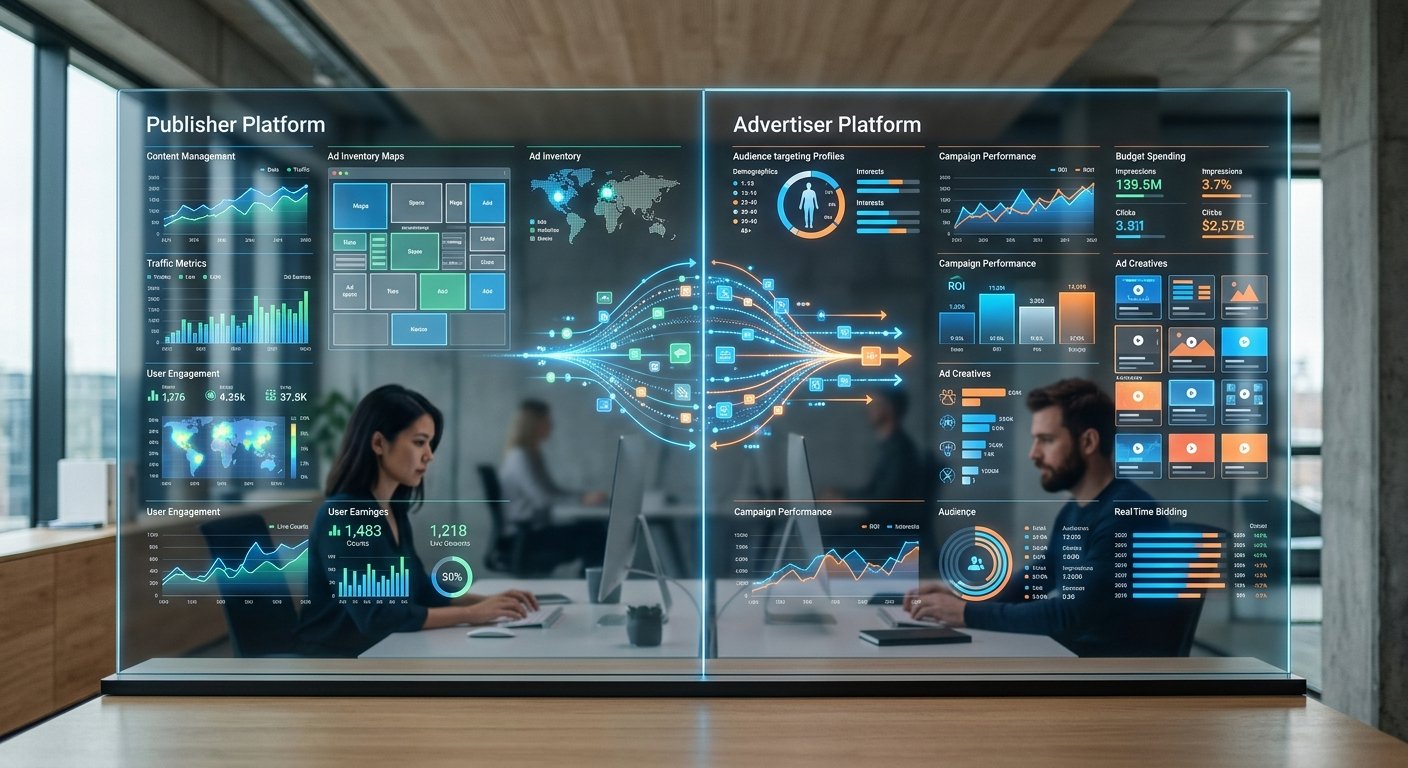 Split-screen concept showing publisher and advertiser platforms connecting through a digital exchange, futuristic minima