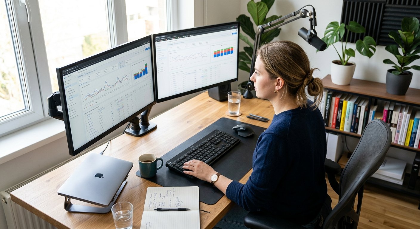 Content creator analyzing ad performance on dual monitors, focused expression, bright workspace, overhead angle