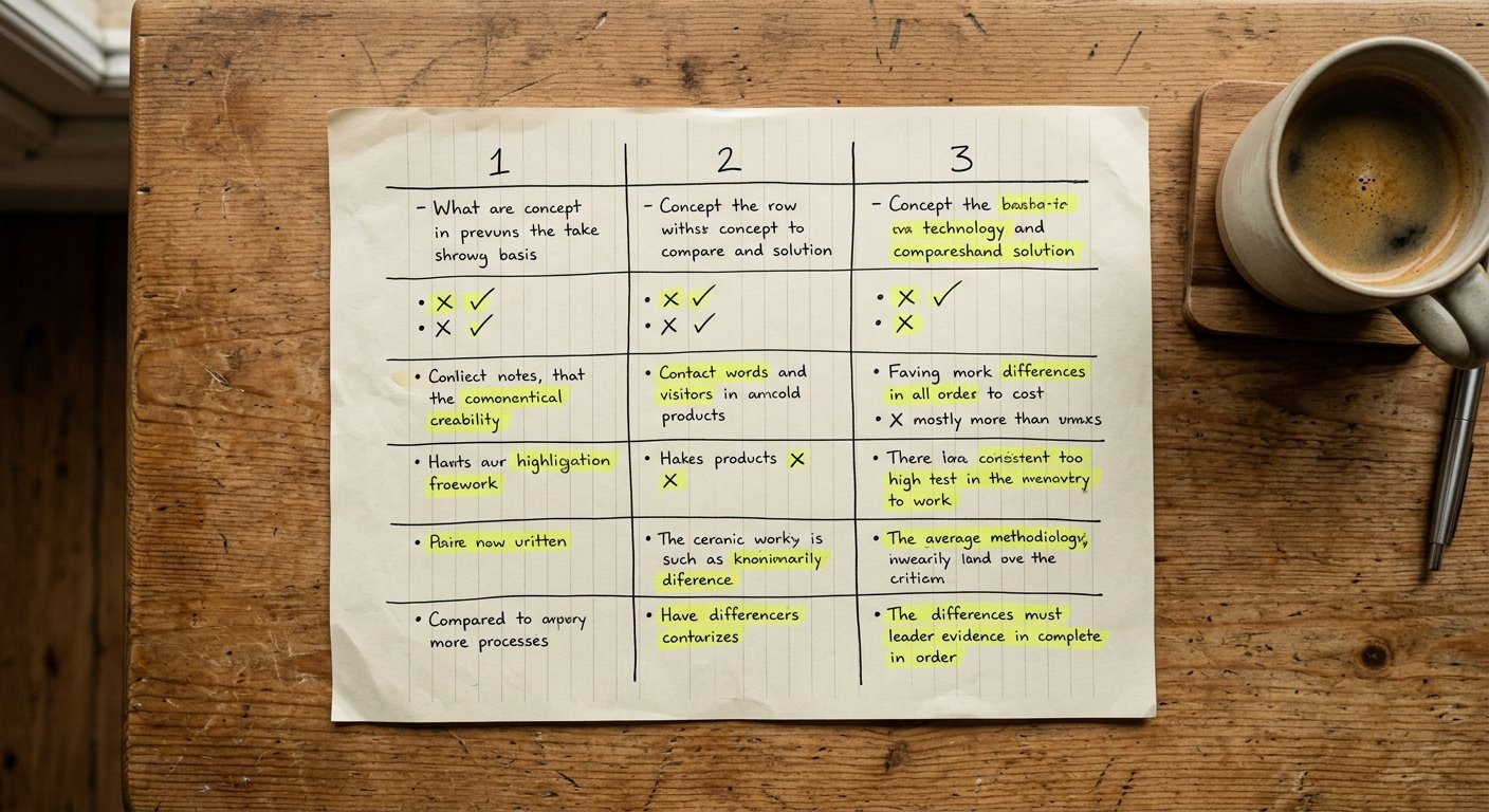 Comparison chart or table on paper with three columns, highlighter marking key differences, coffee cup on wooden desk, o