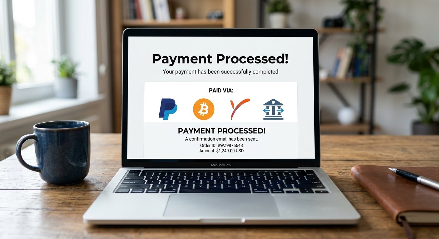 Multiple payment method icons - PayPal, Bitcoin, Payoneer, wire transfer - on laptop screen with 'Payment Processed' con