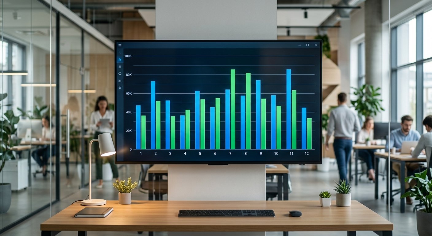 Revenue analytics graph comparing two ad networks side by side, bright office environment, sharp focus on data visualiza