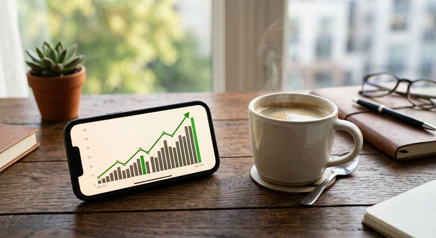 Smartphone displaying rising revenue graph next to coffee cup on wooden desk, morning light, motivational business scene
