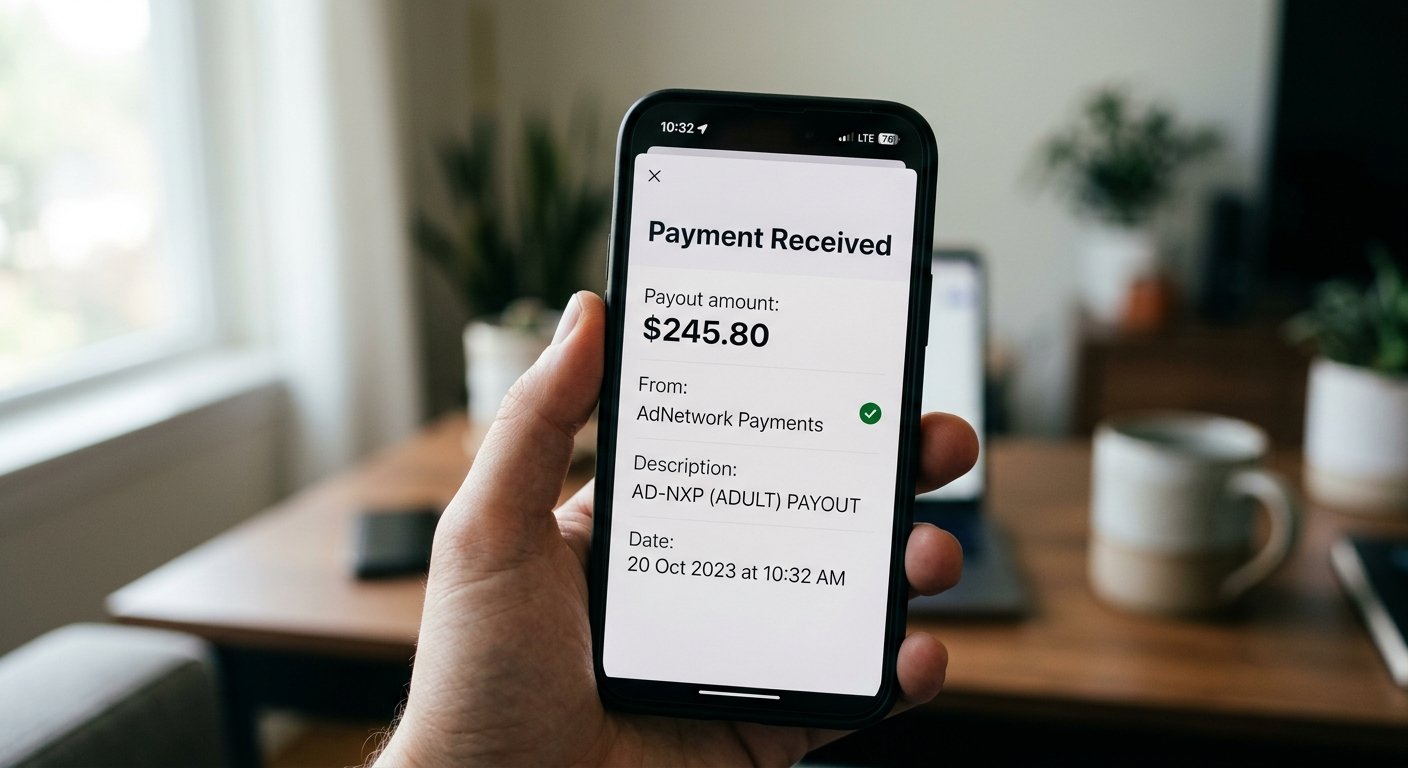 Close-up of payment notification screen showing completed adult ad network payout, shallow depth of field, natural windo
