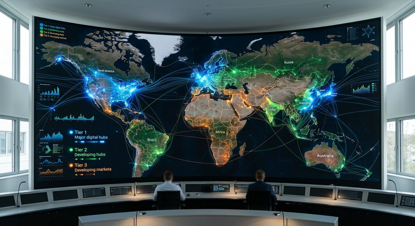 World map visualization highlighting Tier 1, 2, and 3 traffic regions with color-coded performance zones, data visualiza