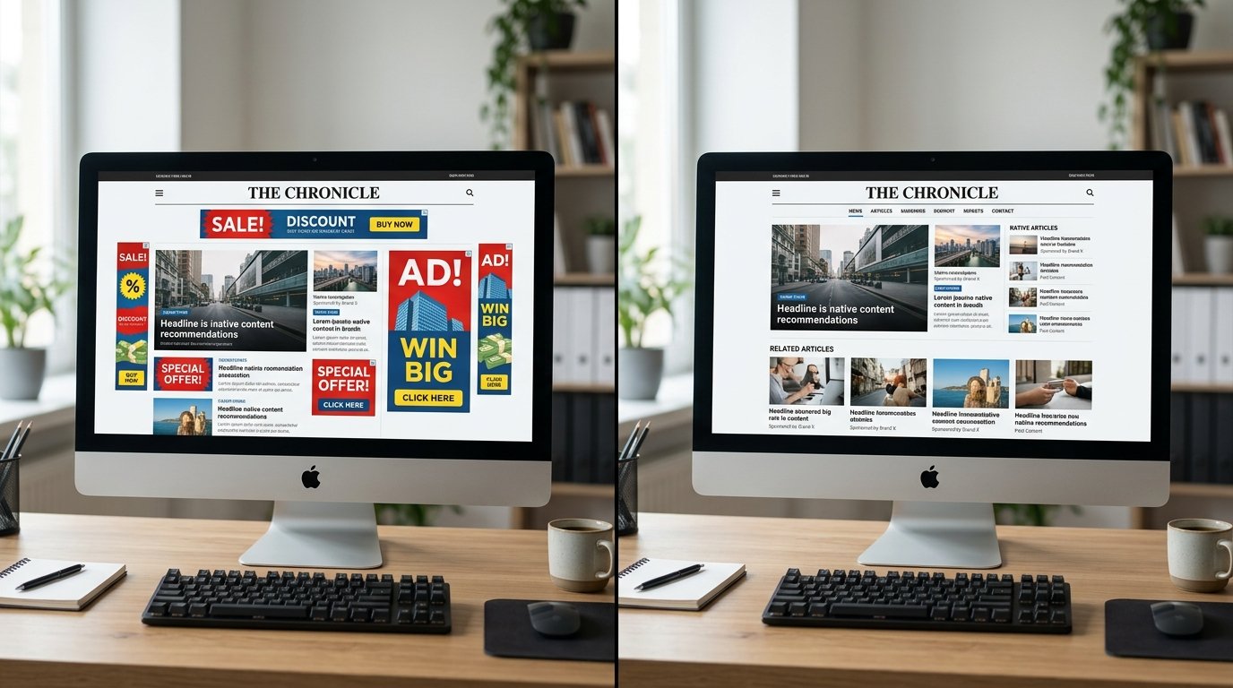 Split-screen comparison of website with traditional banner ads versus native content recommendations, side-by-side layou
