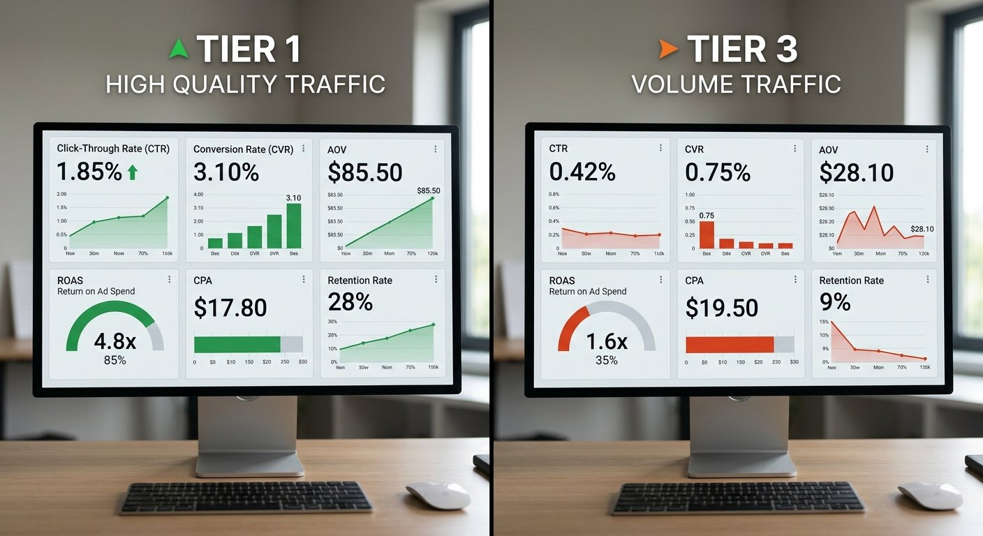 Split-screen comparison of Tier 1 vs Tier 3 push ad performance metrics, charts and numbers, neutral background, clear c