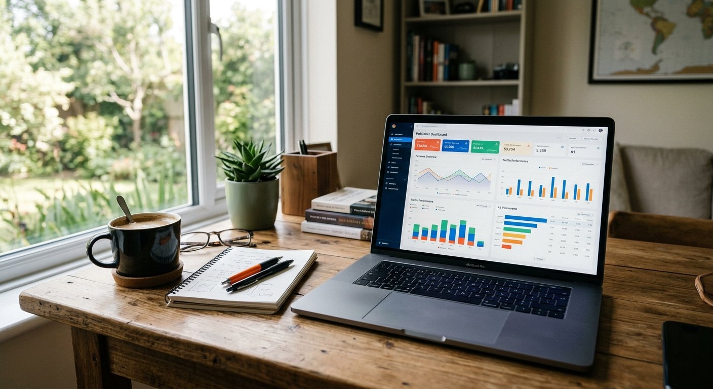 Publisher workspace with laptop displaying ad network dashboard, coffee and notepad nearby, morning light through window