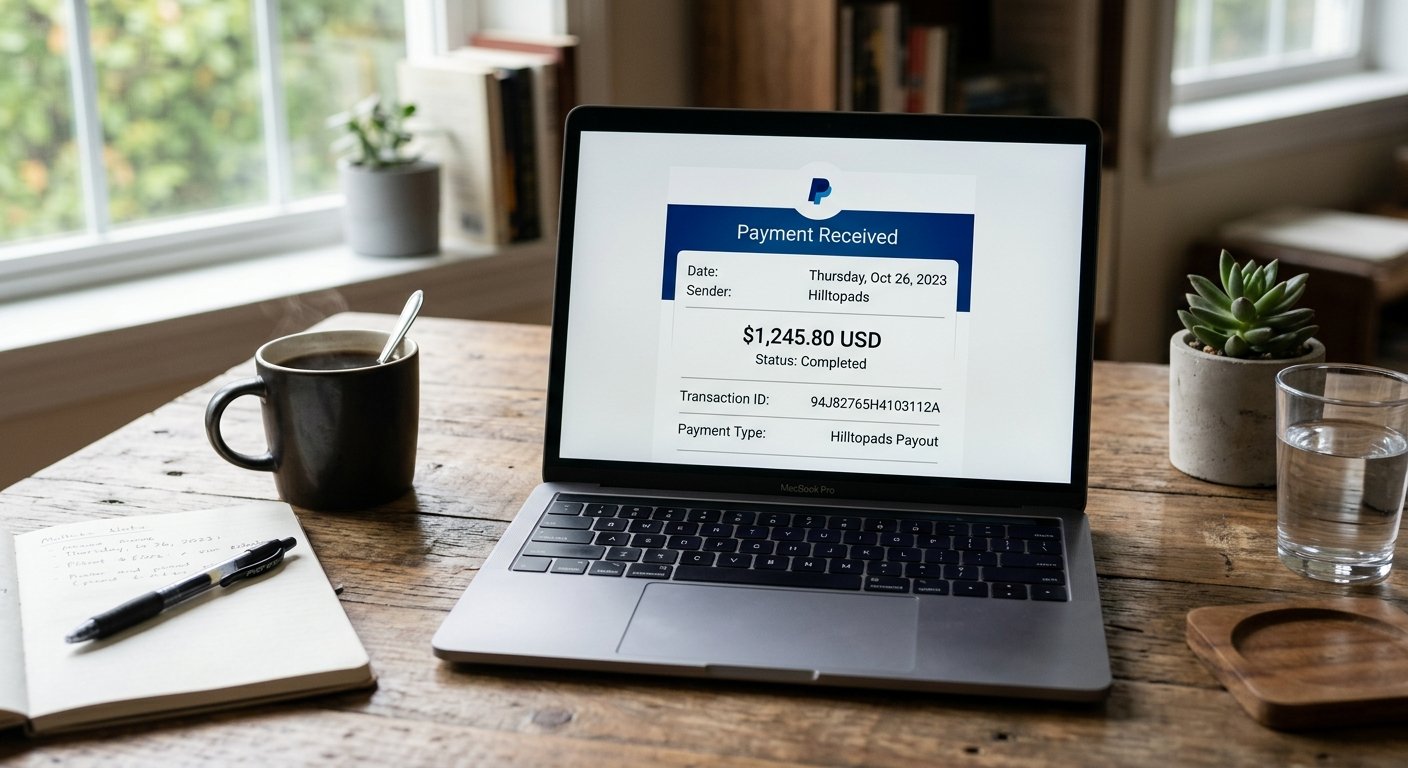 PayPal payment confirmation screen showing Thursday payout from Hilltopads, realistic laptop workspace, natural daylight