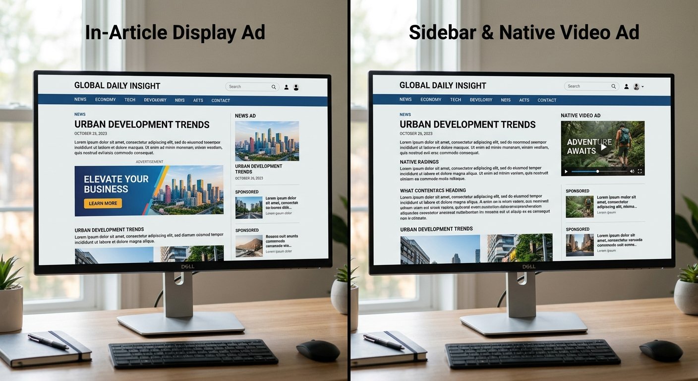 Split-screen comparison of different ad formats on webpage, clear visual contrast, detailed UI elements, soft natural li