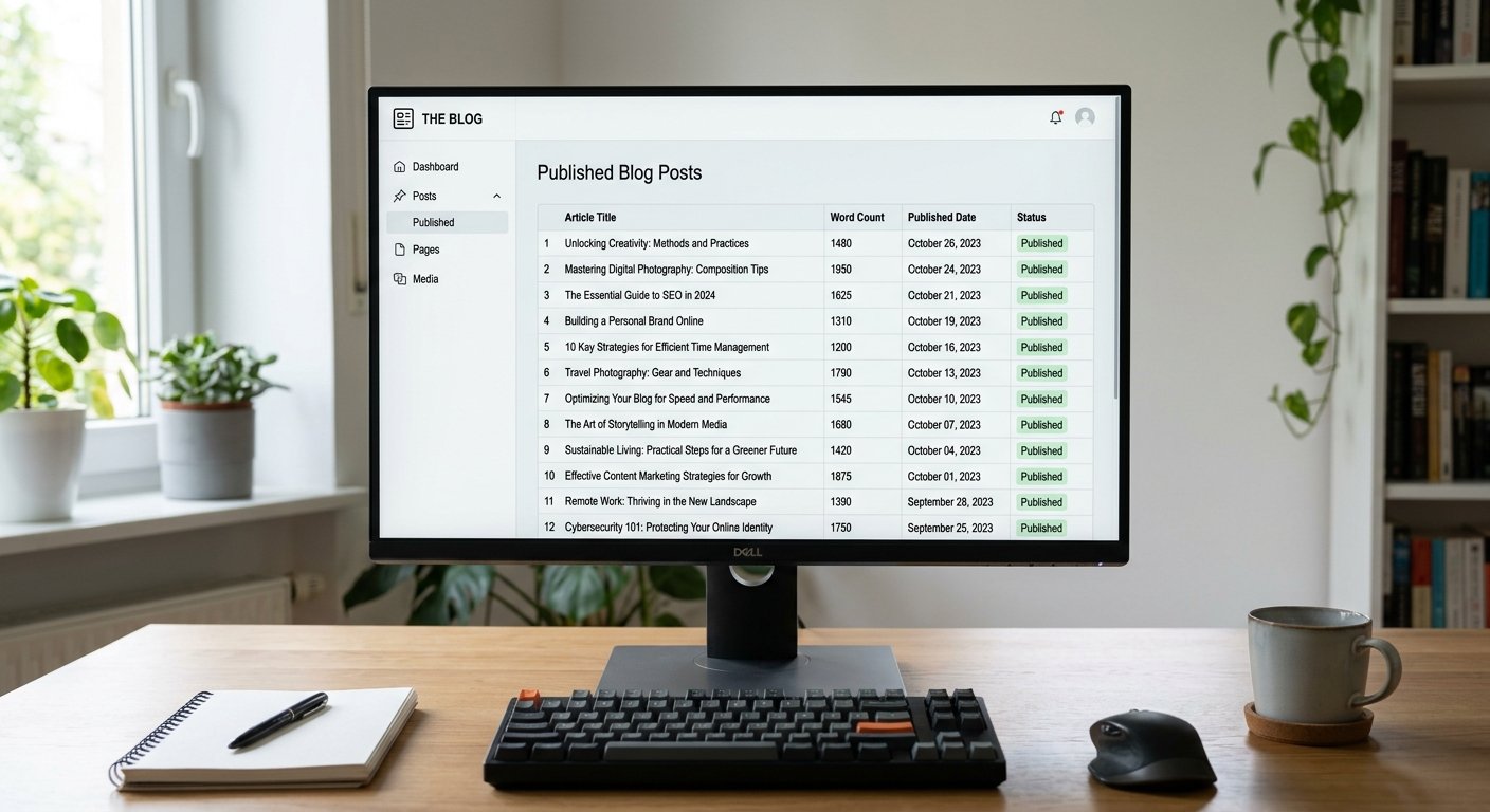 Content management system displaying published blog posts list with word counts and dates, organized layout, clear typog