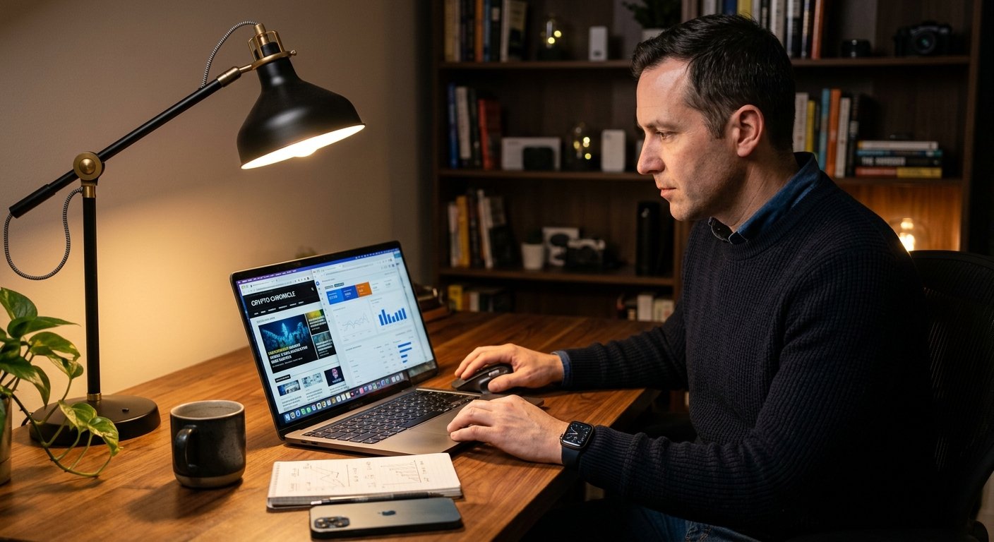 Publisher reviewing native ad network performance metrics on laptop with blockchain news site visible on screen, warm de