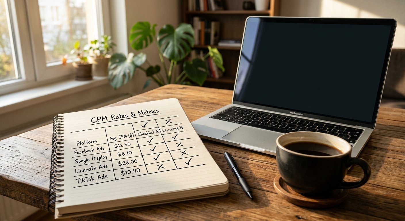 Comparison table sketch on notepad with CPM rates and checkmarks, coffee cup beside laptop, warm afternoon light from si