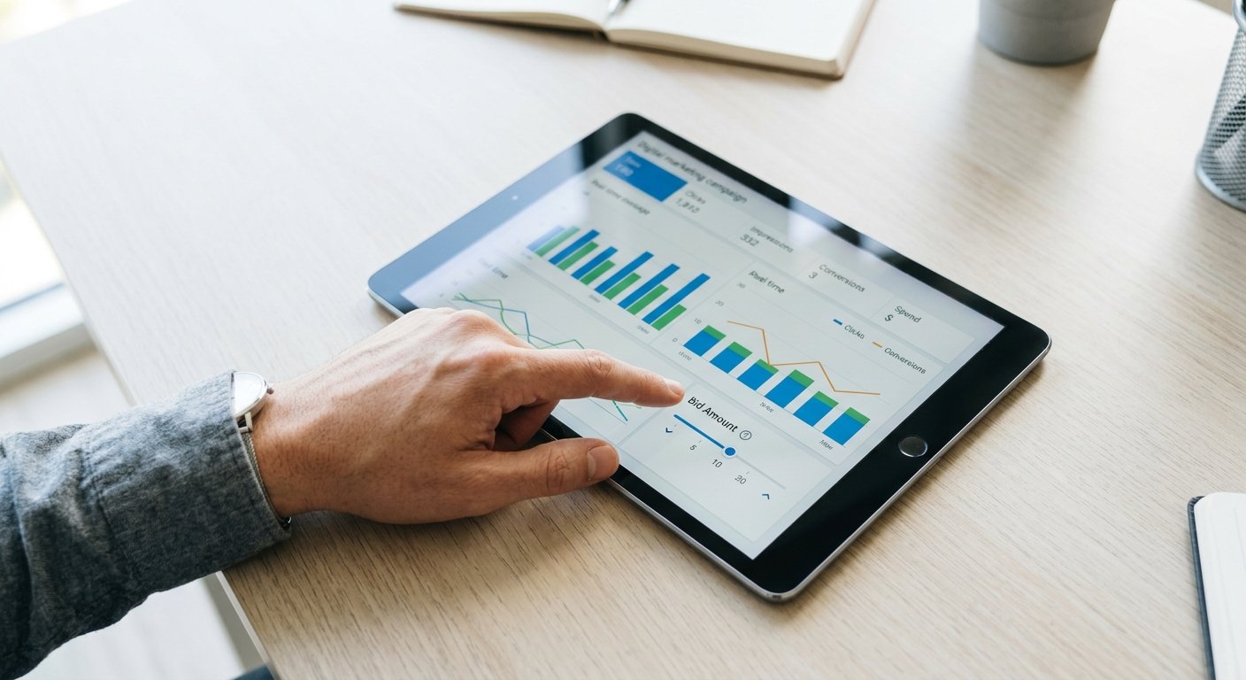 Hand adjusting bid settings on tablet showing real-time campaign metrics, overhead shot, bright minimal background, shar