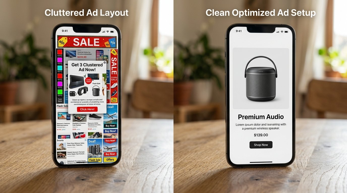Side-by-side mobile phone screens comparing cluttered ad layout vs clean optimized ad setup, natural daylight, crisp pro