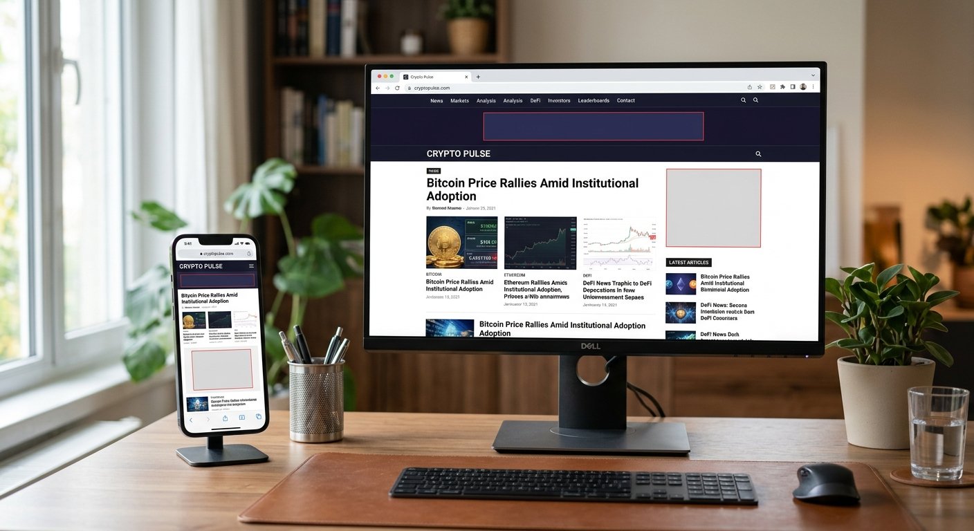 Cryptocurrency ad banner placements on crypto news website mockup, mobile and desktop views, realistic browser interface