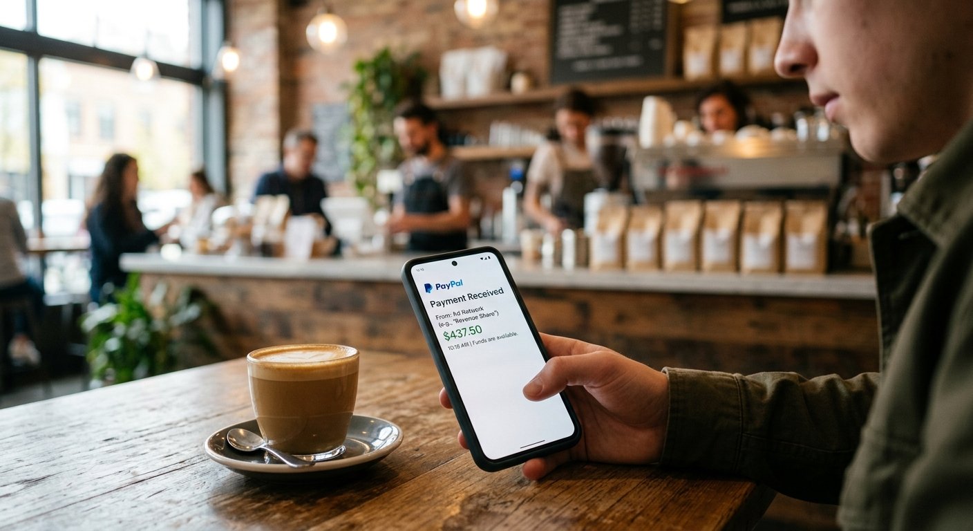 Smartphone displaying PayPal payment received notification from ad network, coffee shop setting, shallow depth of field,