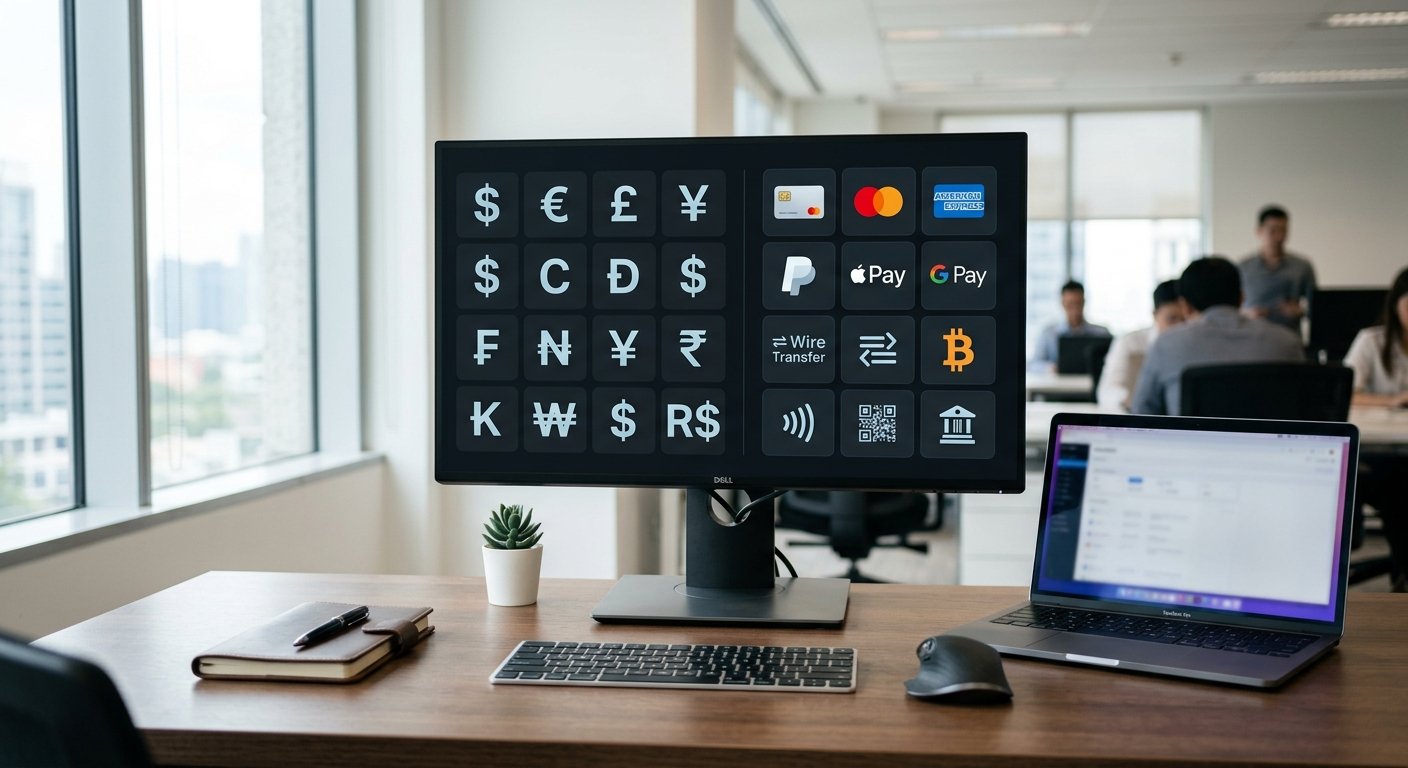 Multiple currency symbols and payment methods graphic, clean minimalist layout, financial dashboard, professional lighti