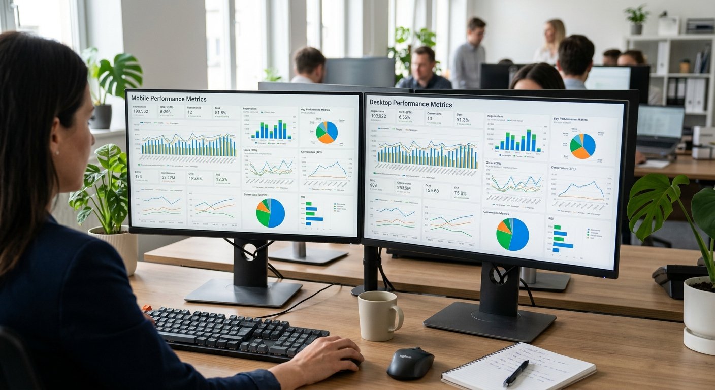 Split-screen comparison of mobile and desktop ad performance metrics, side-by-side analytics charts, professional worksp