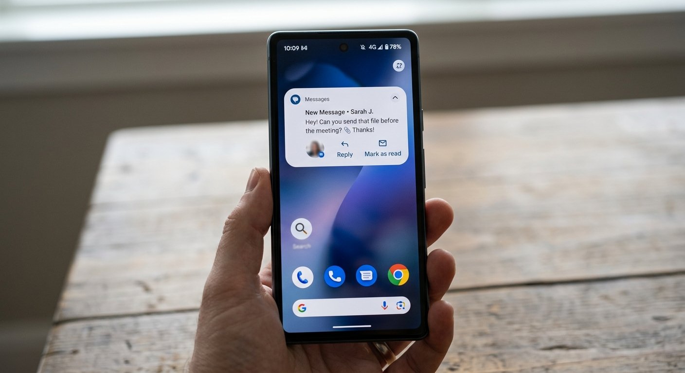 Mobile phone screen with push notification alert and Android system interface visible, close-up view, neutral background