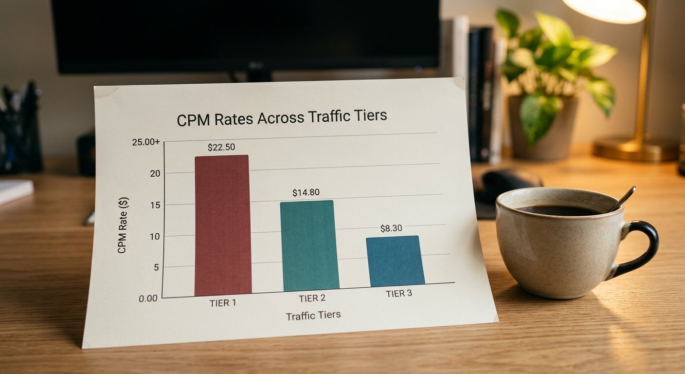 Graph chart comparing CPM rates across different traffic tiers, printed on paper with coffee cup beside it, warm office