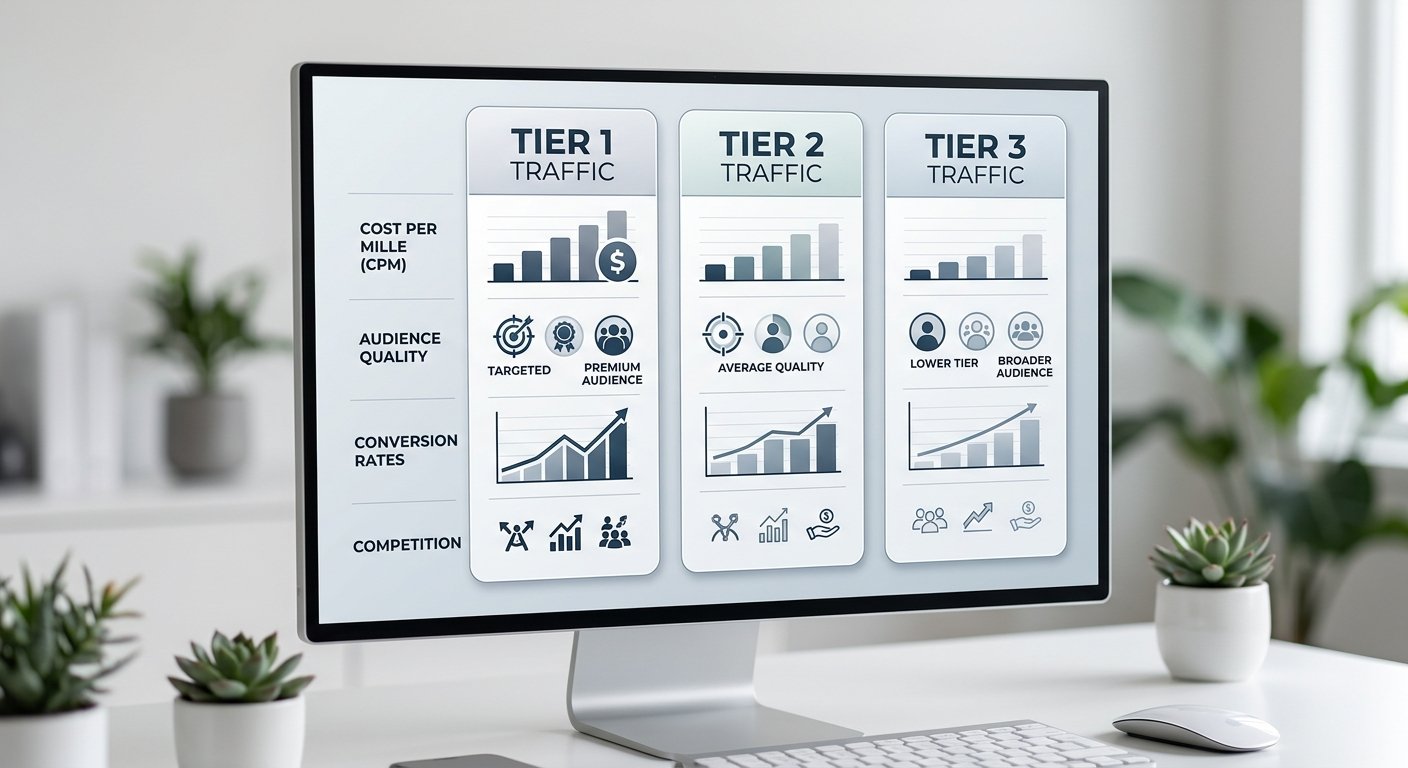 Side-by-side comparison chart of Tier 1, Tier 2, and Tier 3 traffic CPM rates, clean infographic style, well-lit minimal