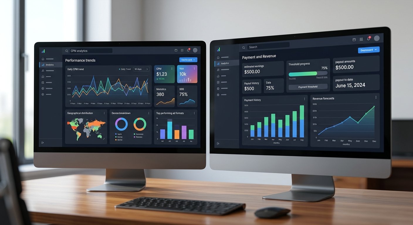 Side-by-side comparison of ad network dashboards showing CPM rates and payment thresholds, clean data visualization with