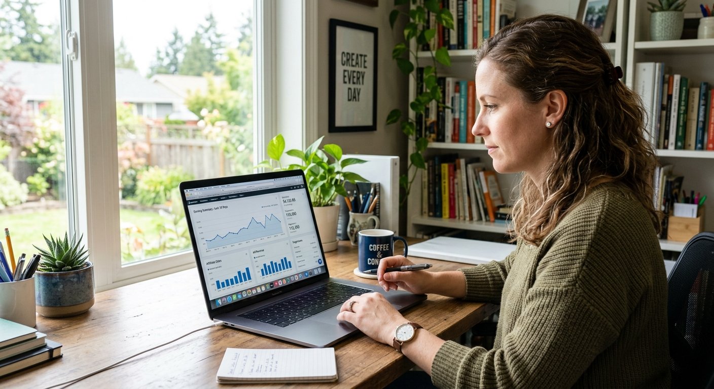 Blogger reviewing monetization performance on laptop with revenue graphs visible on screen, home office setting, natural