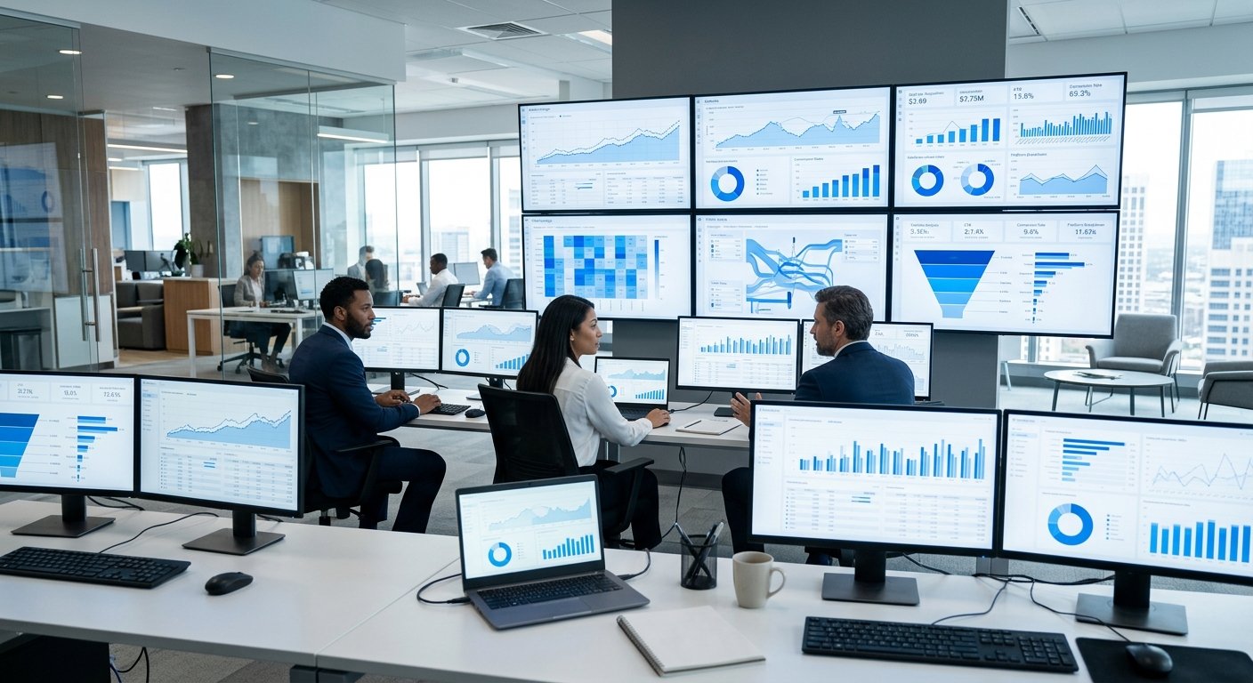Digital advertising metrics on multiple screens, campaign performance graphs, traffic data visualization, modern office