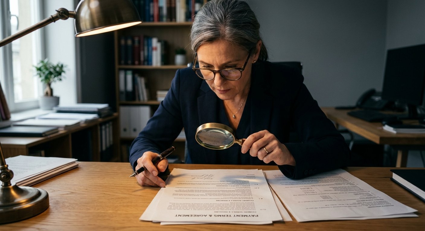 Publisher checking payment terms document with magnifying glass, subtle lighting emphasizing scrutiny and verification p