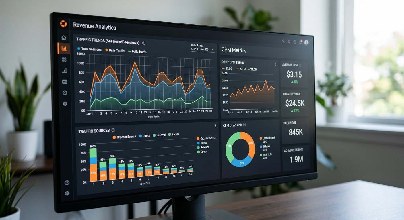 Revenue dashboard showing CPM metrics and traffic graphs, close-up screen detail, professional lighting