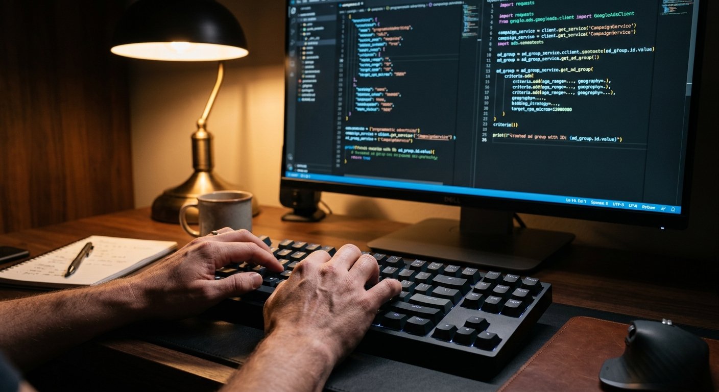 Close-up of hands typing on keyboard with programmatic advertising code on screen, dark mode interface, warm desk lamp l