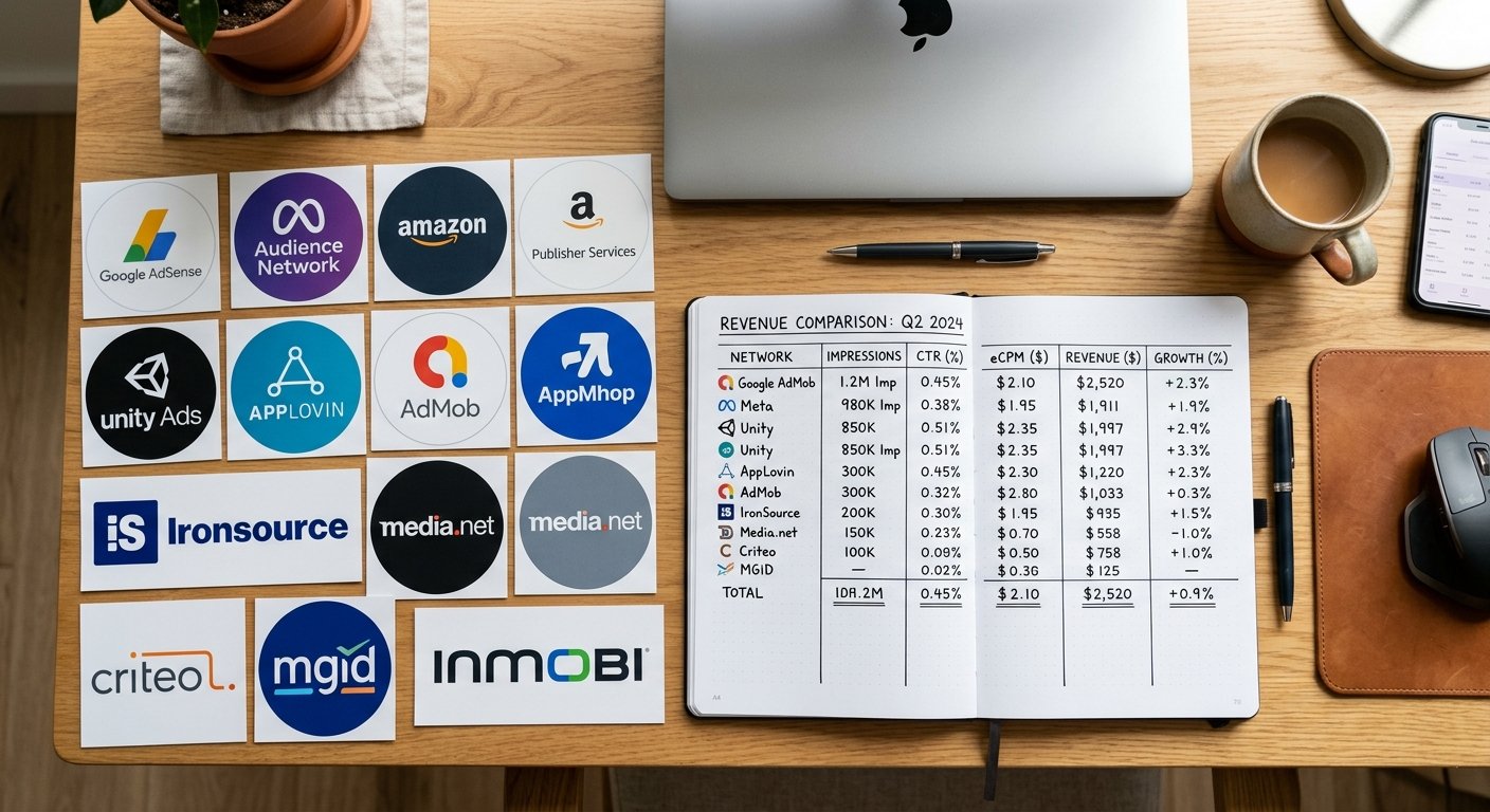 Multiple ad network logos arranged on desk with revenue comparison spreadsheet, top-down view, organized workspace aesth