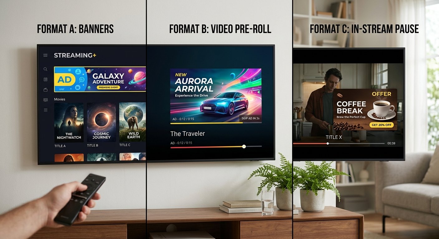 Split screen comparison of different ad formats on streaming platform, vibrant UI elements, professional tech photograph