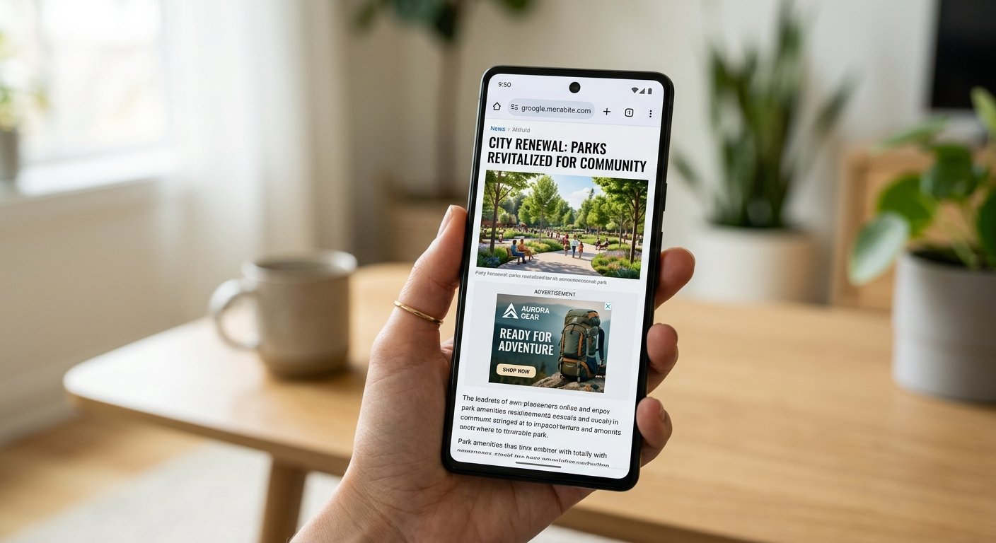 Mobile phone displaying fast-loading website with ad placements, soft natural light, clean minimalist composition