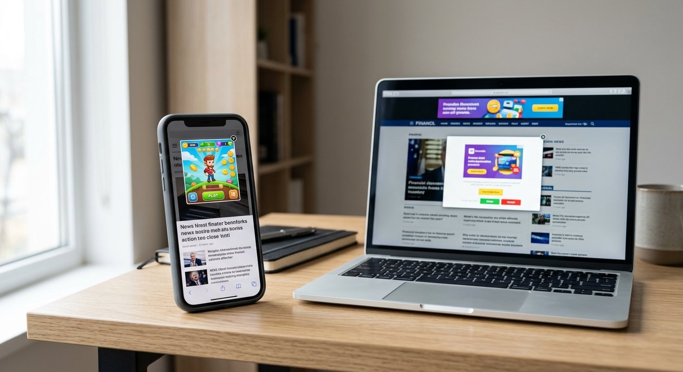 Mobile phone and desktop side by side displaying different pop ad formats, clear contrast in user experience, profession