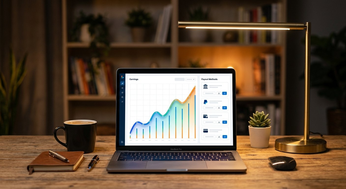 Payment dashboard interface showing earnings graph and payout options, warm desk lamp lighting, professional workspace
